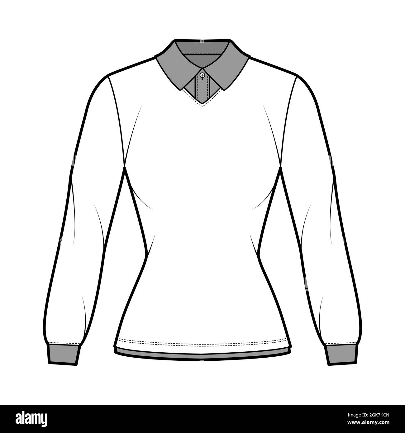 Maglia doppio colletto tecnico di moda con maniche lunghe, lunghezza tonica, collo henley, corpo calzato, colletto piatto classico. Modello di abbigliamento superiore frontale, colore bianco. Mockup CAD donne Illustrazione Vettoriale