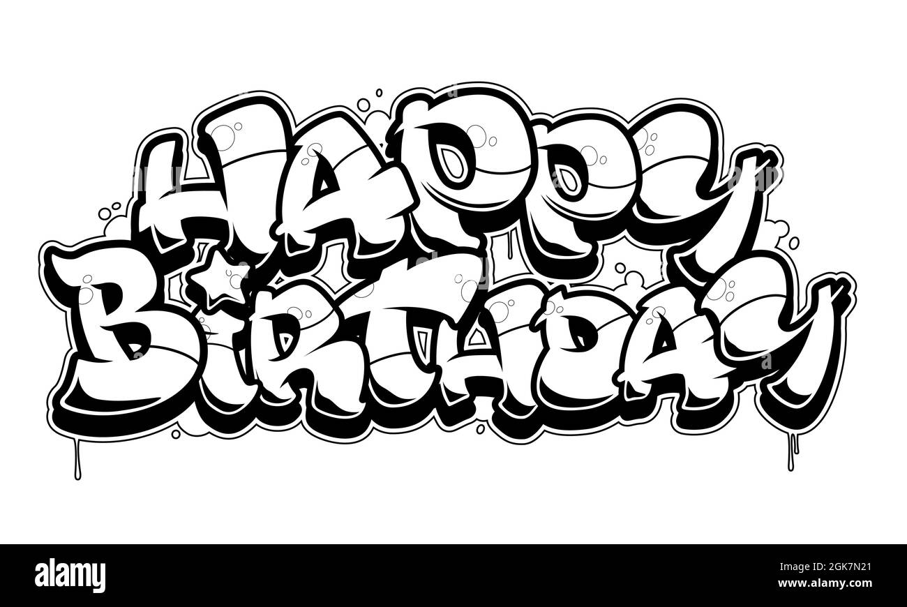 Buon compleanno carta di congratulazioni. Testo in stile graffiti leggibile. Linea nera isolata su sfondo bianco. Illustrazione Vettoriale