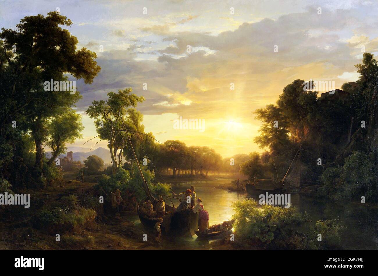 Paesaggi italiani al tramonto, pescatori dell'artista ungherese, Károly Markó il Vecchio (1791-1860), olio su tela, 1851 Foto Stock