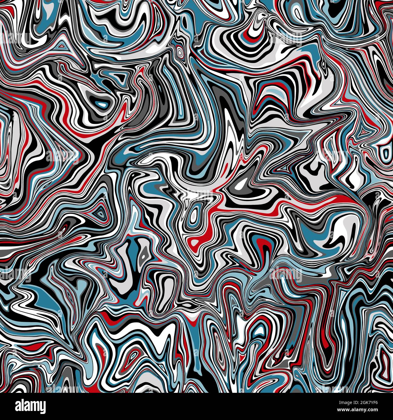 Coloratissimo liquido astratto vortice in blu, rosso, bianco e grigio con effetto marmo. Ripetizione continua. Foto Stock