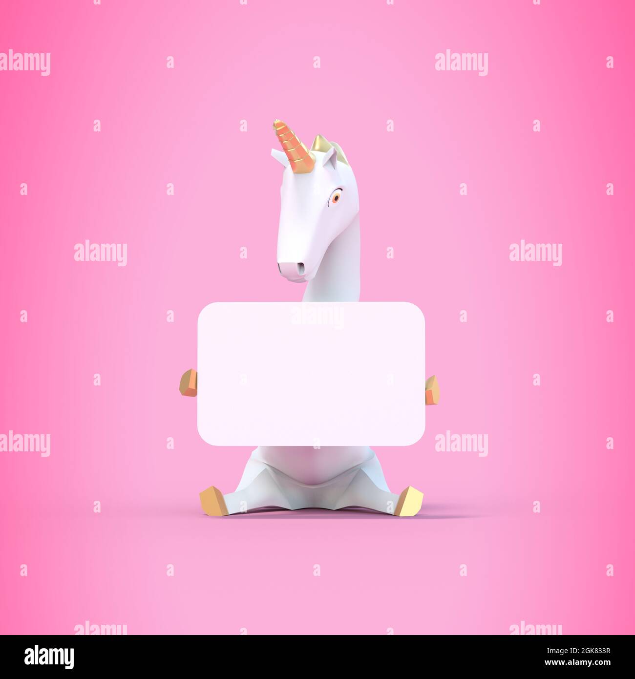 Unicorno seduto con un segno su sfondo rosa - rendering 3D Foto Stock