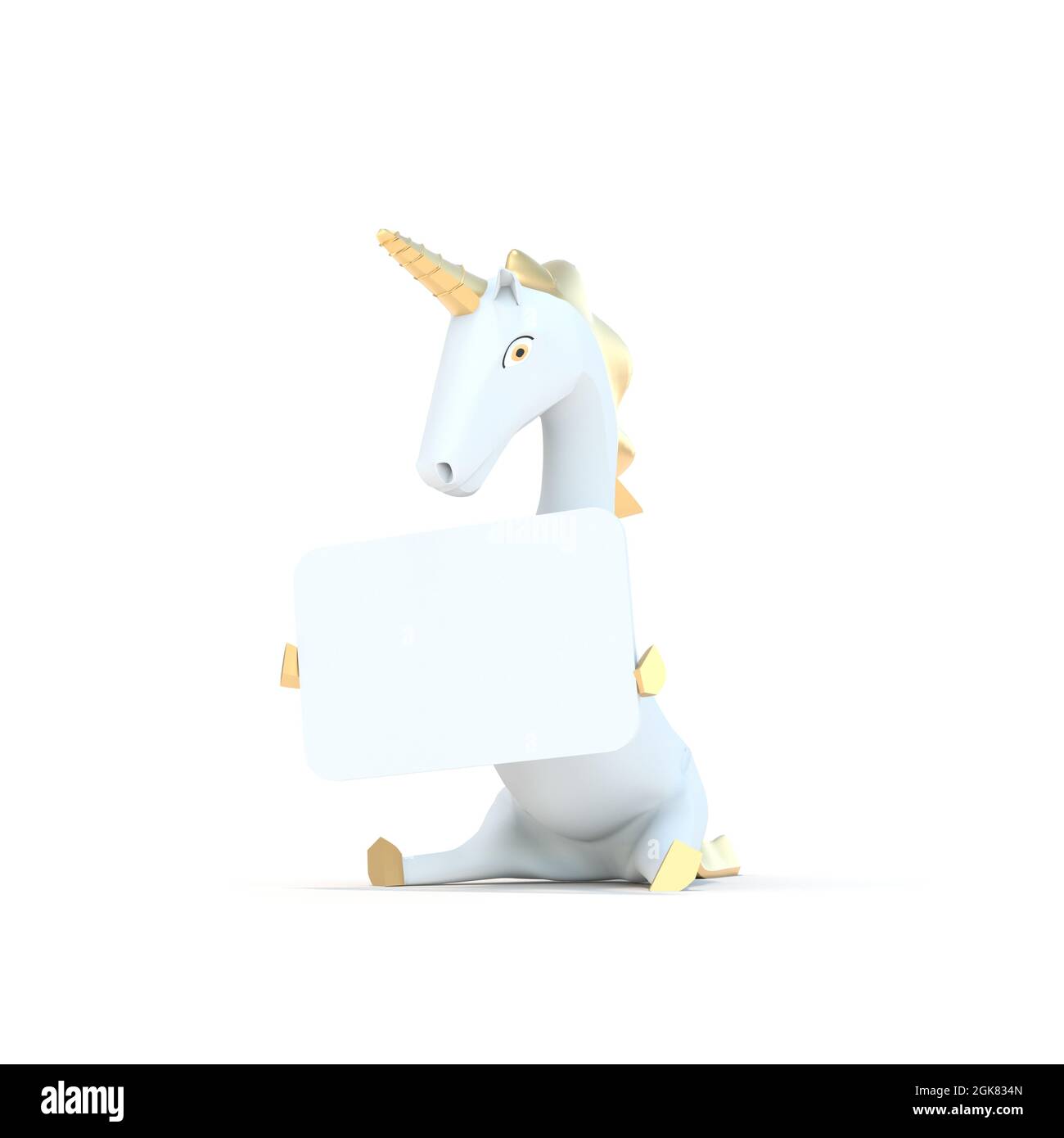 Unicorno seduto con un cartello su sfondo bianco - rendering 3D Foto Stock