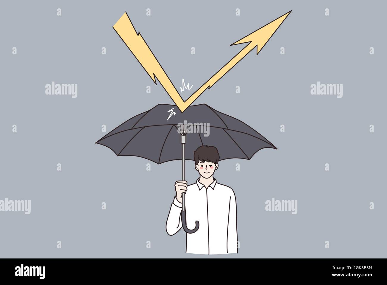Sicurezza aziendale, difesa, concetto di strategia. Giovane uomo d'affari  personaggio cartoon in piedi con ombrello e difendere da tuoni frecce  fulmini colpendo illustrazione vettoriale Immagine e Vettoriale - Alamy