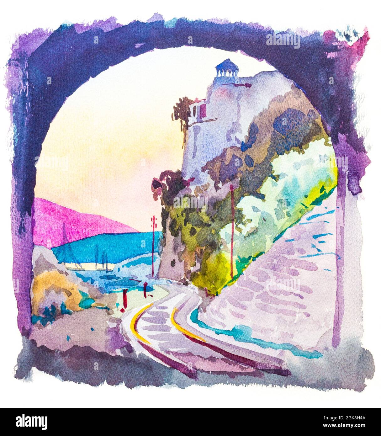 Tunnel Raiway con castello medievale, Dalmazia, dipinto da Gyorgy HARS, 1938 Foto Stock