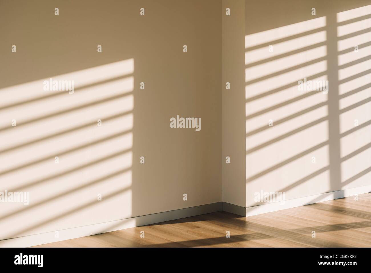 Interno di vuoto spazioso corridoio loft con ombre geometriche e. luce del sole su pareti bianche Foto Stock