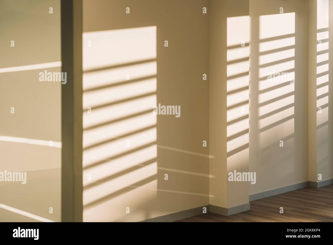 Interno di vuoto spazioso corridoio loft con ombre geometriche e. luce del sole su pareti bianche Foto Stock