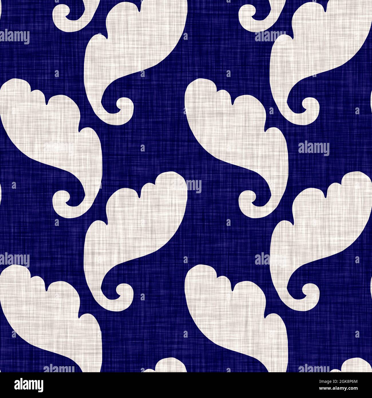 Indigo blu fogliame blocco stampa tinto lino texture sfondo. Ripetizione batik tessuto giapponese senza cuciture. Sfocatura floreale organica stressata Foto Stock