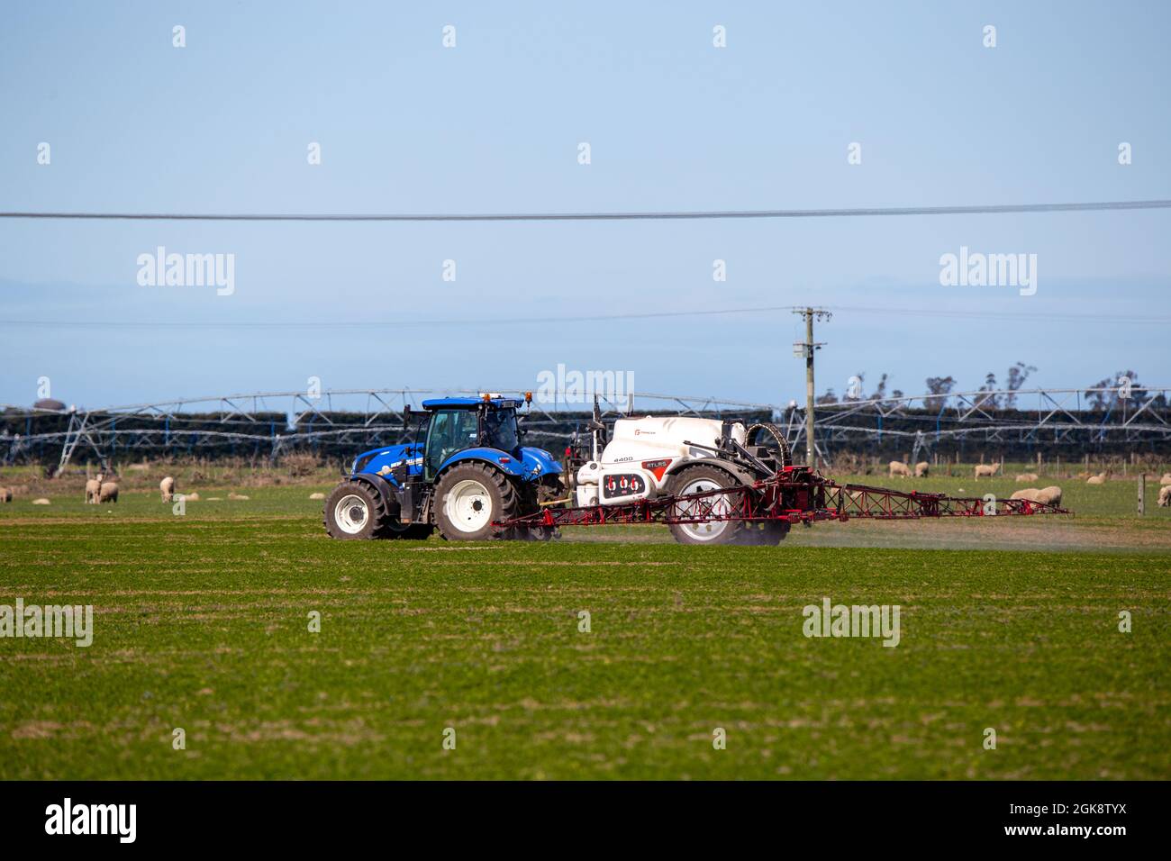 Canterbury, Nuova Zelanda, settembre 11 2021: Un trattore New Holland con irroratrice Atlas collegata, spruzza un raccolto agricolo in primavera Foto Stock
