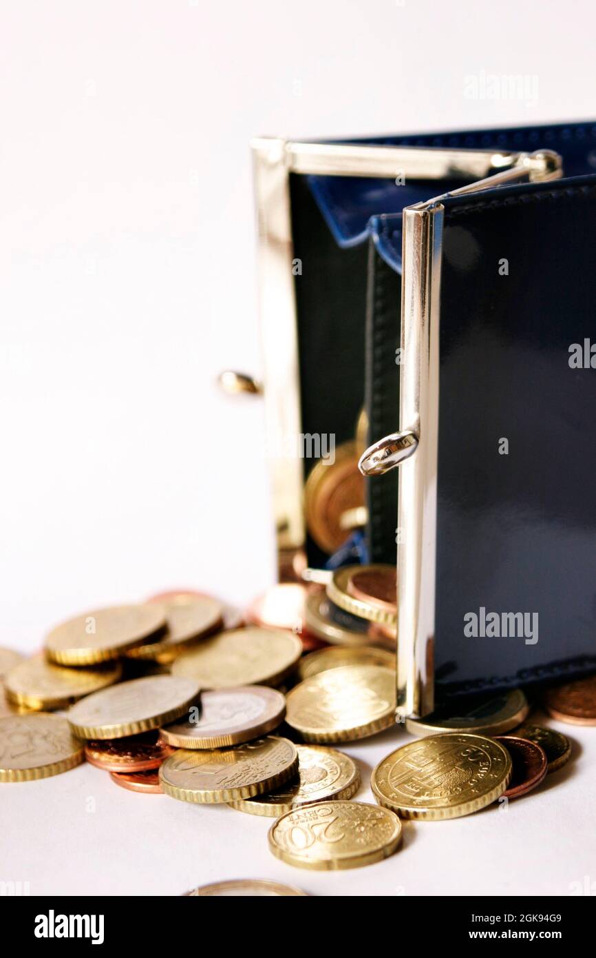 Borsa con le monete in euro Foto Stock