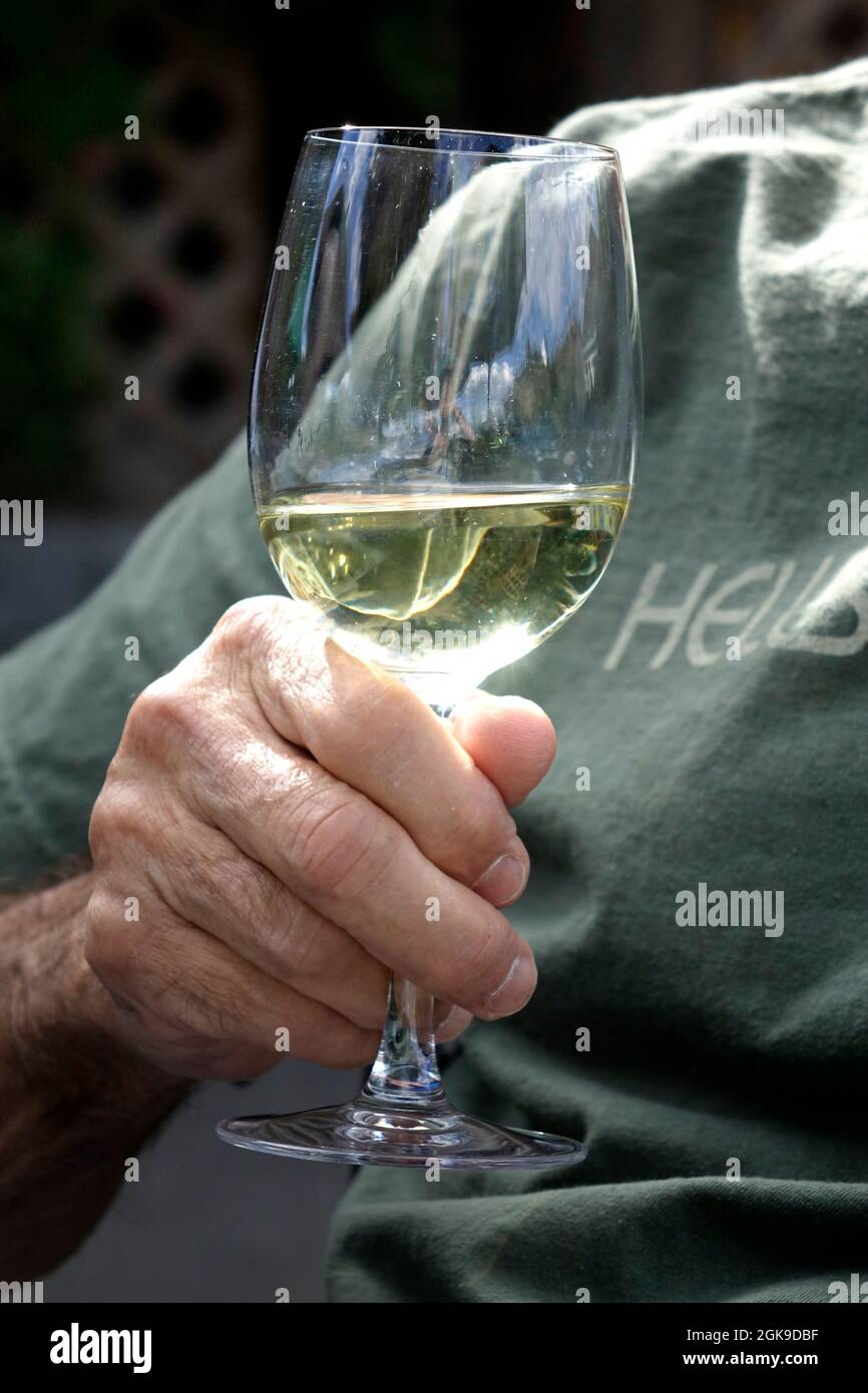 Un bicchiere di vino bianco come lo chardonnay o il sauvignon blanc si trova in una calda giornata estiva al Vin du Lac Bistro and Winery del lago Chelan. Foto Stock