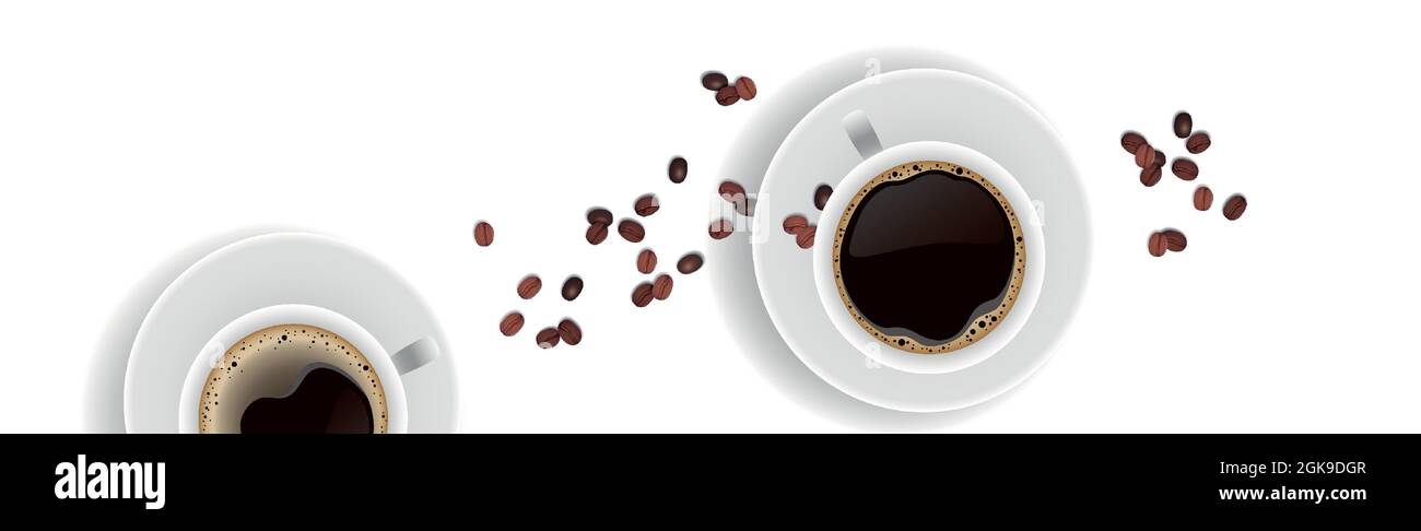 Caffè realistico e chicchi di caffè su sfondo bianco - illustrazione vettoriale Illustrazione Vettoriale