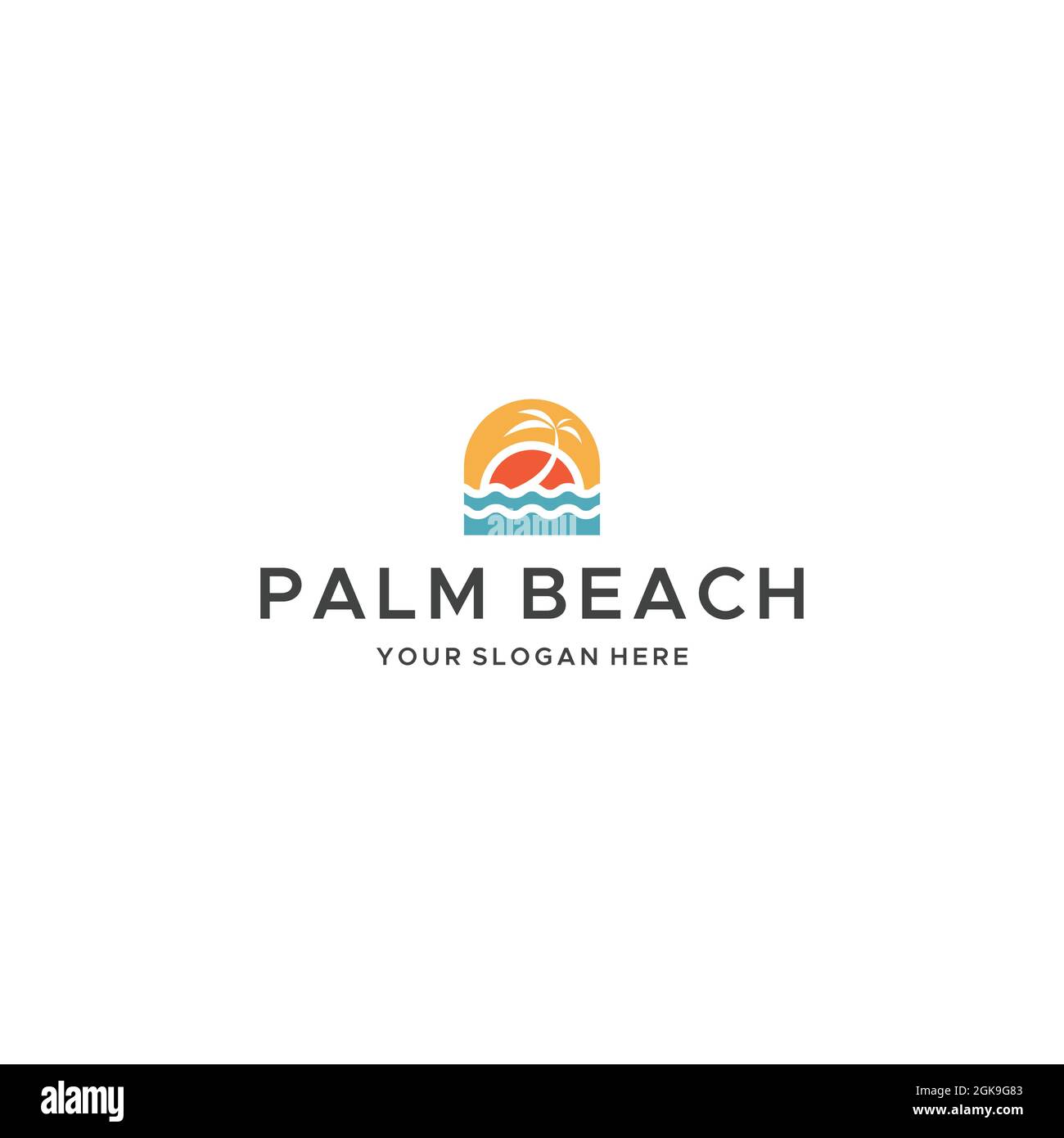 Moderno LOGO PALM BEACH Waves tree Sunset Illustrazione Vettoriale