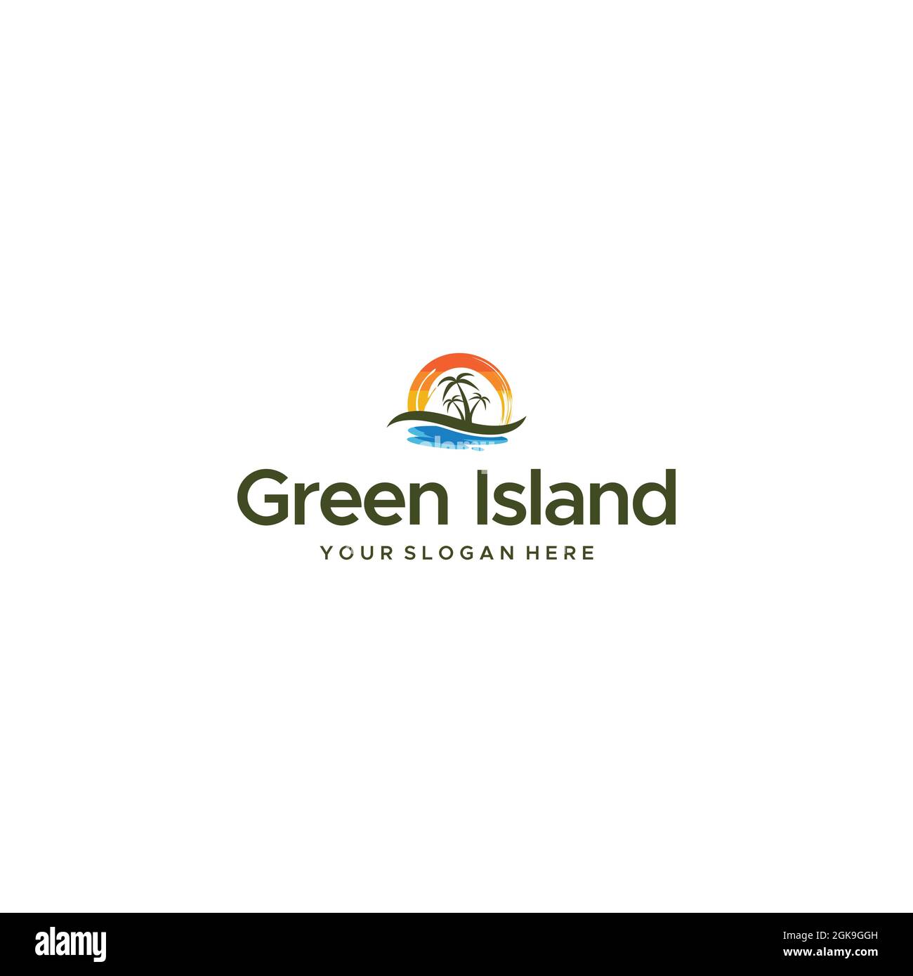 Modern Island Sunset Beach Waves Tree logo design Illustrazione Vettoriale