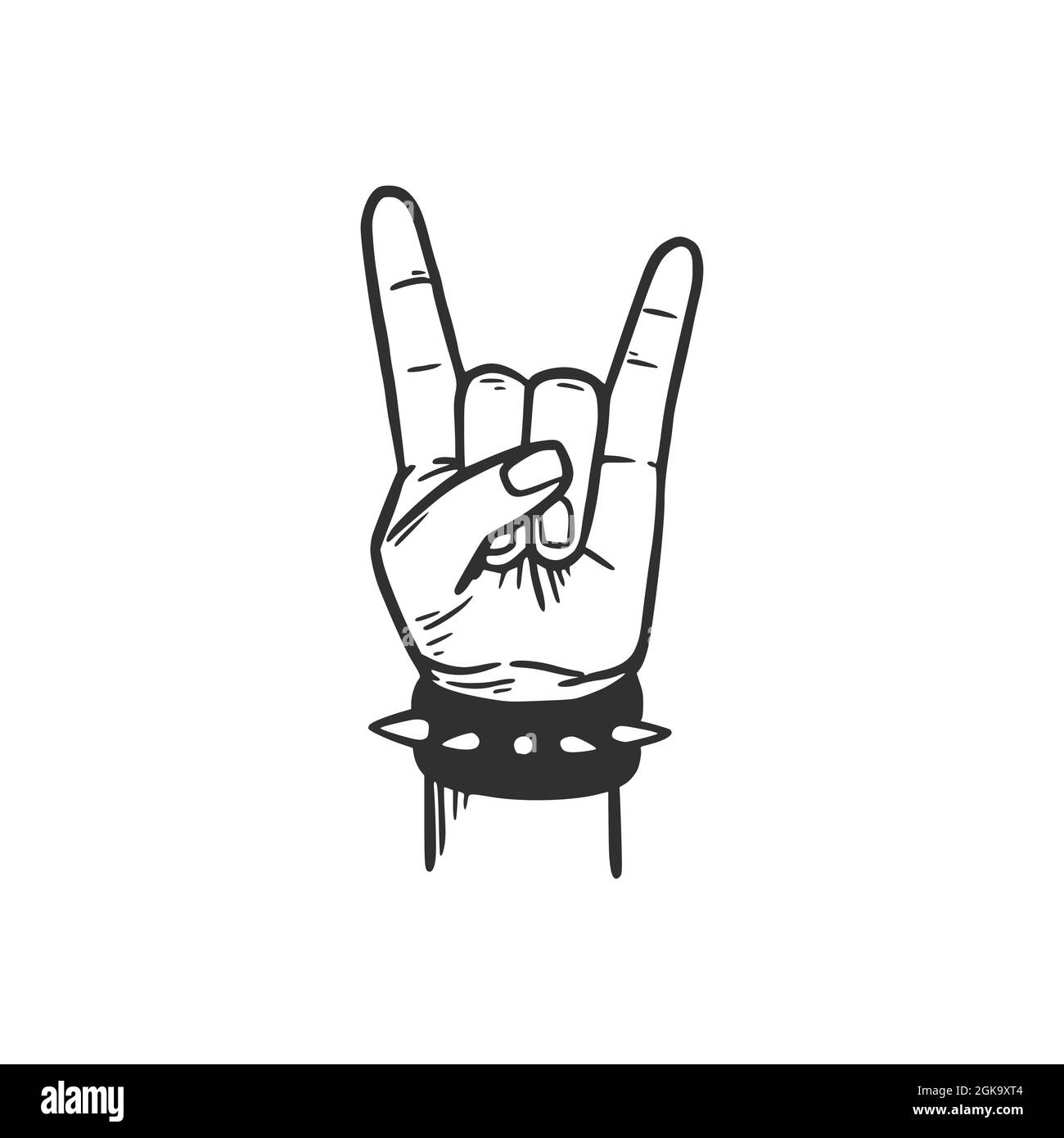 Mano di roccia e rullo. Stile di schizzo doodle disegnato a mano. Braccio di disegno nero per musica rock, punk, metall segno. Illustrazione vettoriale isolata. Illustrazione Vettoriale