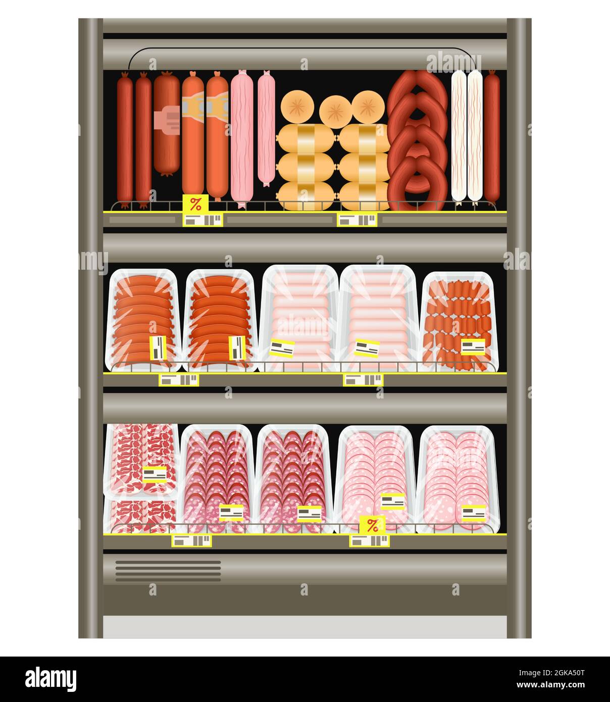 Salsiccia e frankfurters sul banco del negozio nel frigorifero. Vendita di prodotti a base di carne in un vassoio Vector illustrazione. Illustrazione Vettoriale
