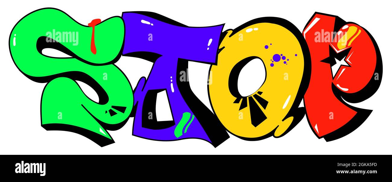 Graffity con immagine vettoriale eps10 stratificata con parola di stop isolata su sfondo bianco. Illustrazione Vettoriale