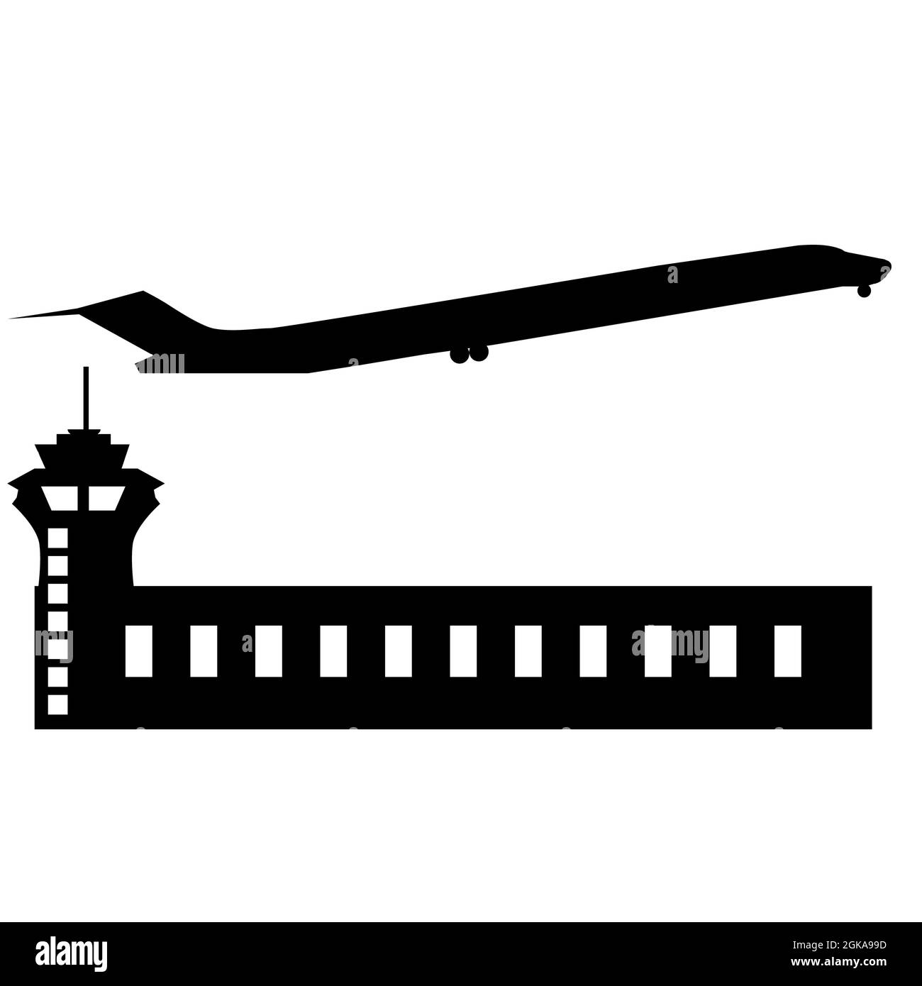 aeroporto con torre e aereo decollo su sfondo bianco. Cartello dell'edificio dell'aeroporto. Il piano è il simbolo di atterraggio. Stile piatto. Foto Stock