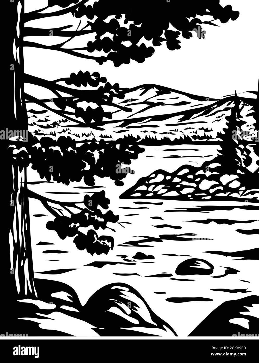 WPA poster monocromatico arte di Emerald Bay state Park a South Lake Tahoe, California, USA fatto in opere di amministrazione progetto in stile bianco e nero. Illustrazione Vettoriale