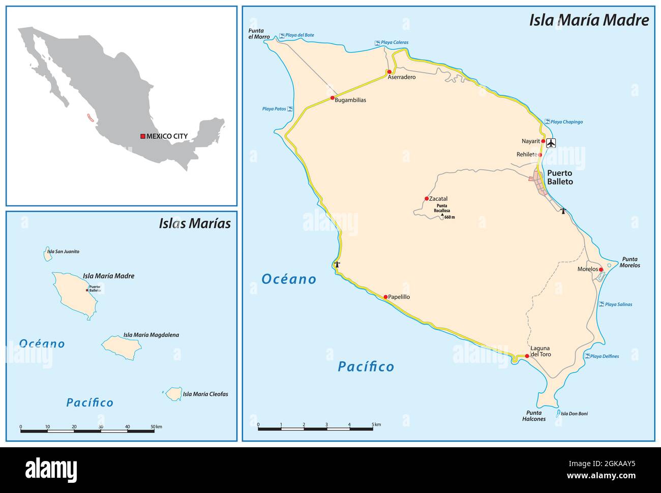 Mappa dell'arcipelago messicano delle Isole Marias nell'Oceano Pacifico Illustrazione Vettoriale