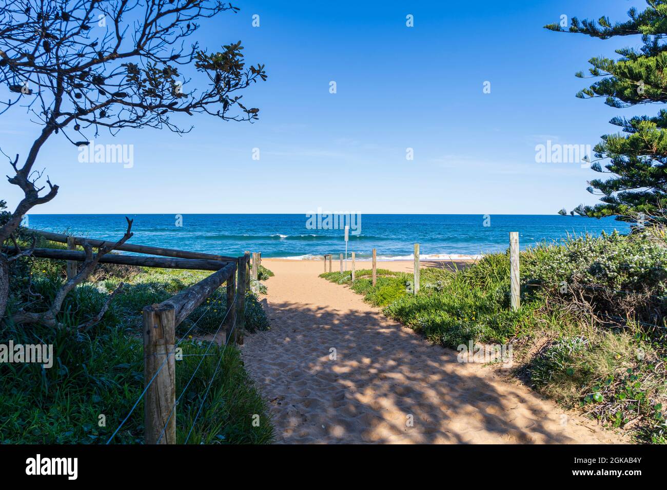 Pista di sabbia alla spiaggia con pali di legno e lontano oceano Foto Stock