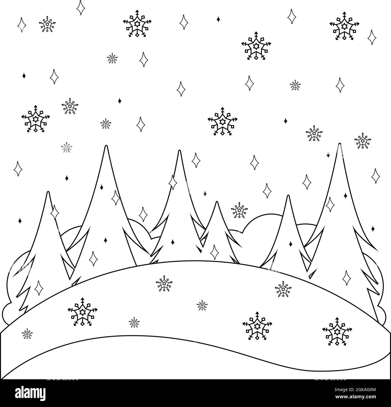 Paesaggio invernale con neve. Pagina di colorazione vettoriale in bianco e nero. Illustrazione Vettoriale