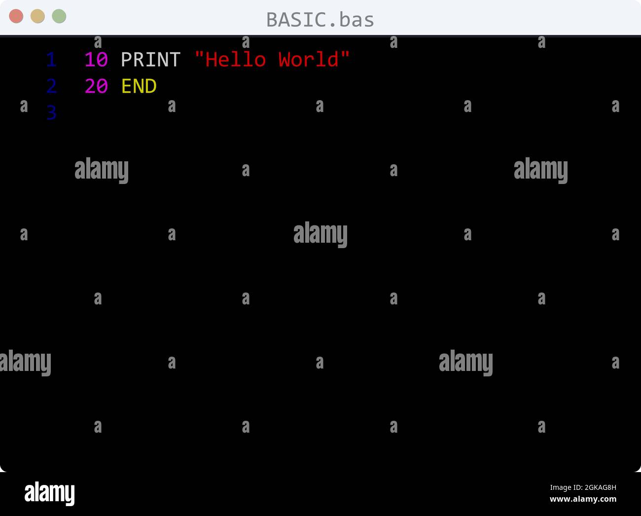 Lingua DI BASE Hello World esempio di programma nella finestra dell'editor Illustrazione Vettoriale