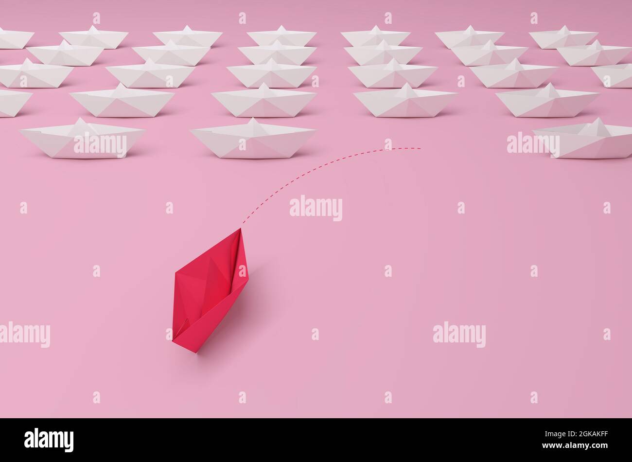 Concetto di leadership femminile. Spedizione di carta rosa in primo piano tra bianco su sfondo rosa. rendering 3d. Foto Stock