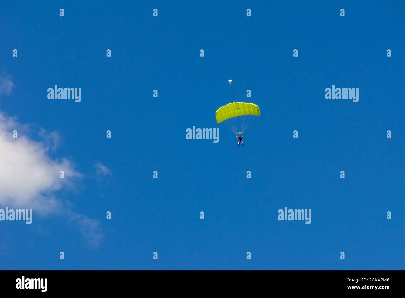 salto in tandem di un dilettante con un allenatore sotto un baldacchino di un paracadute-ala verde Foto Stock