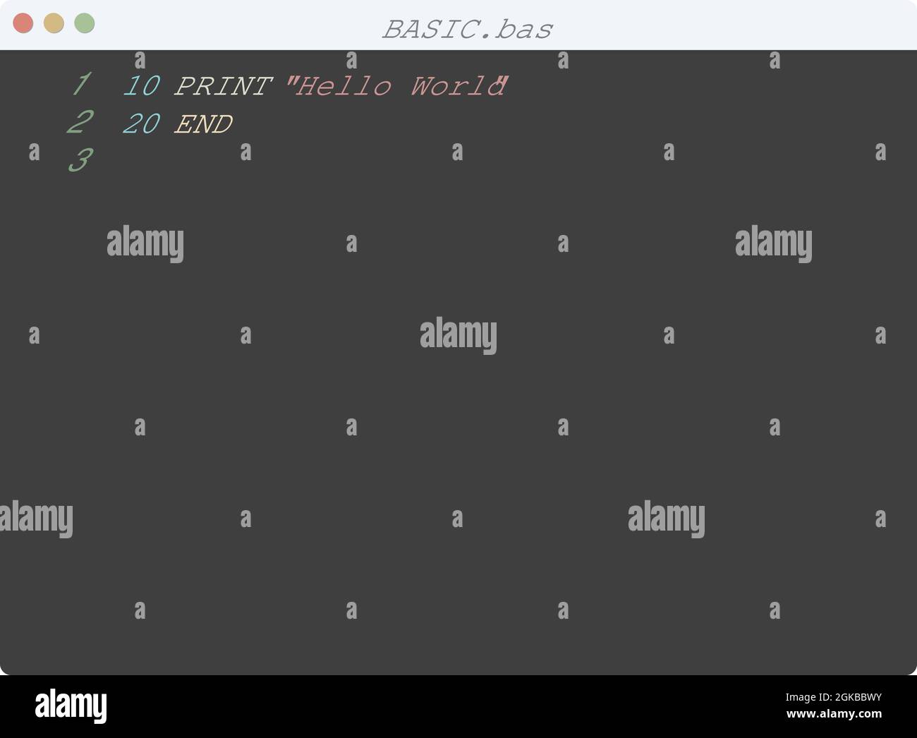 Lingua DI BASE Hello World esempio di programma nella finestra dell'editor Illustrazione Vettoriale