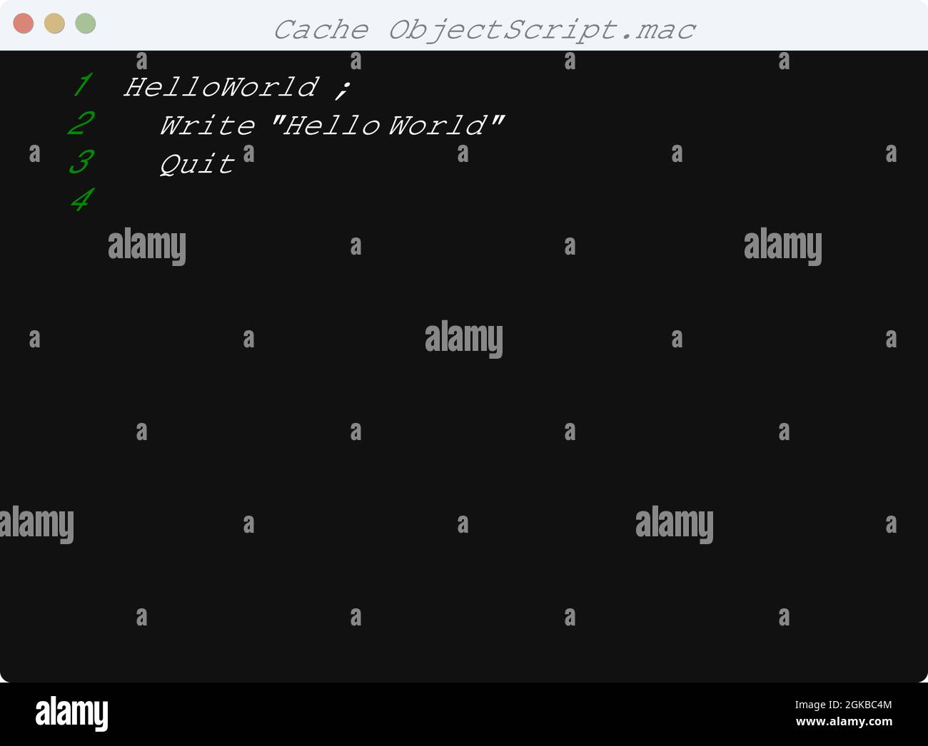 Cache ObjectScript linguaggio Hello World esempio di programma nella finestra dell'editor Illustrazione Vettoriale