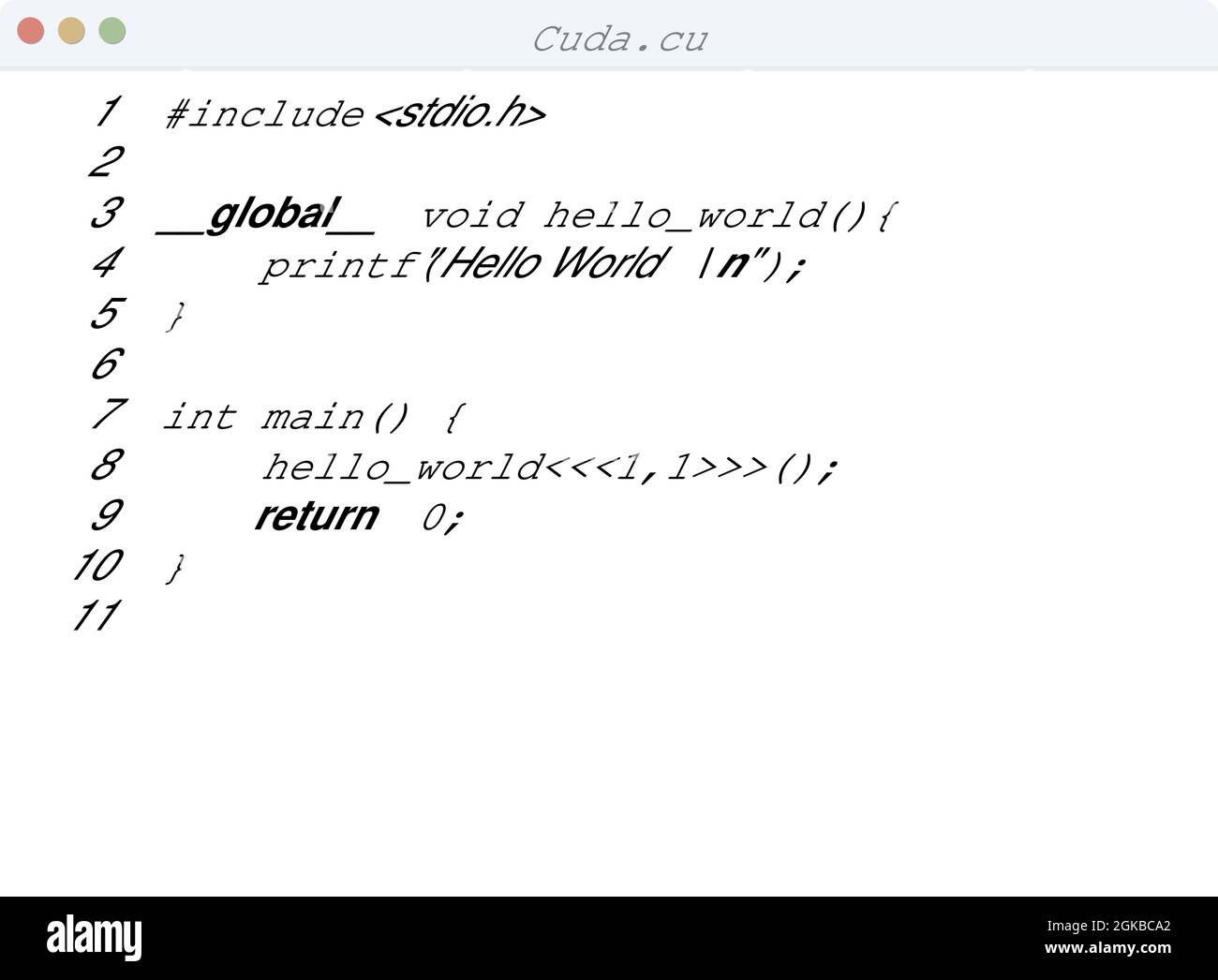 CUDA lingua Hello World esempio di programma nell'illustrazione della finestra dell'editor Illustrazione Vettoriale