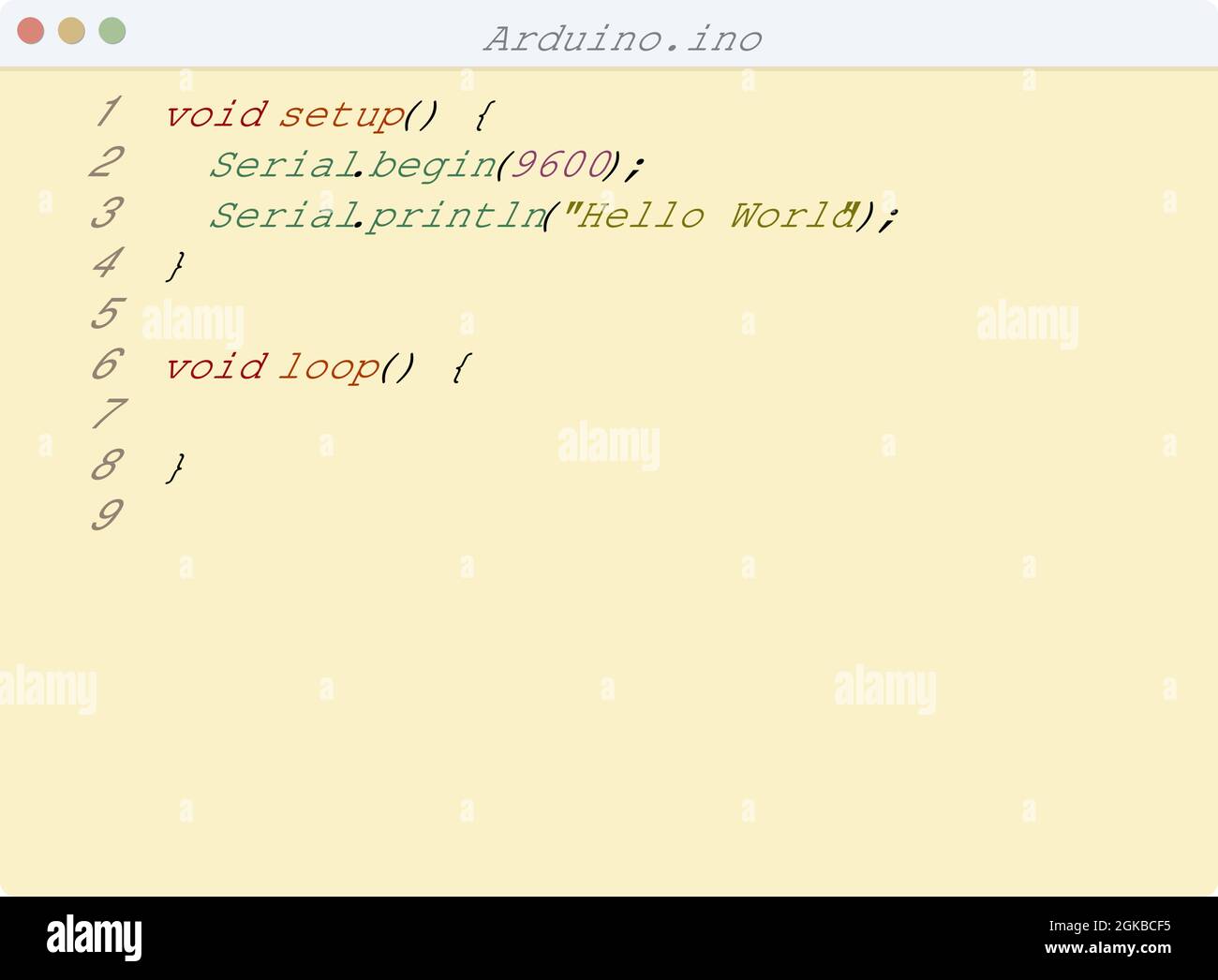 Arduino lingua Hello World esempio di programma nella finestra dell'editor Illustrazione Vettoriale