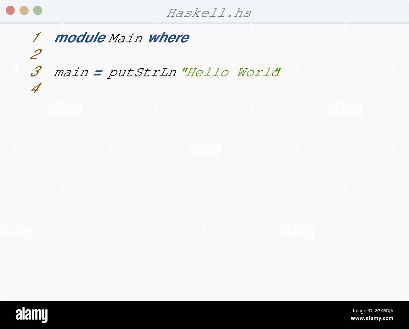 Haskell lingua Hello World esempio di programma nella finestra dell'editor Illustrazione Vettoriale