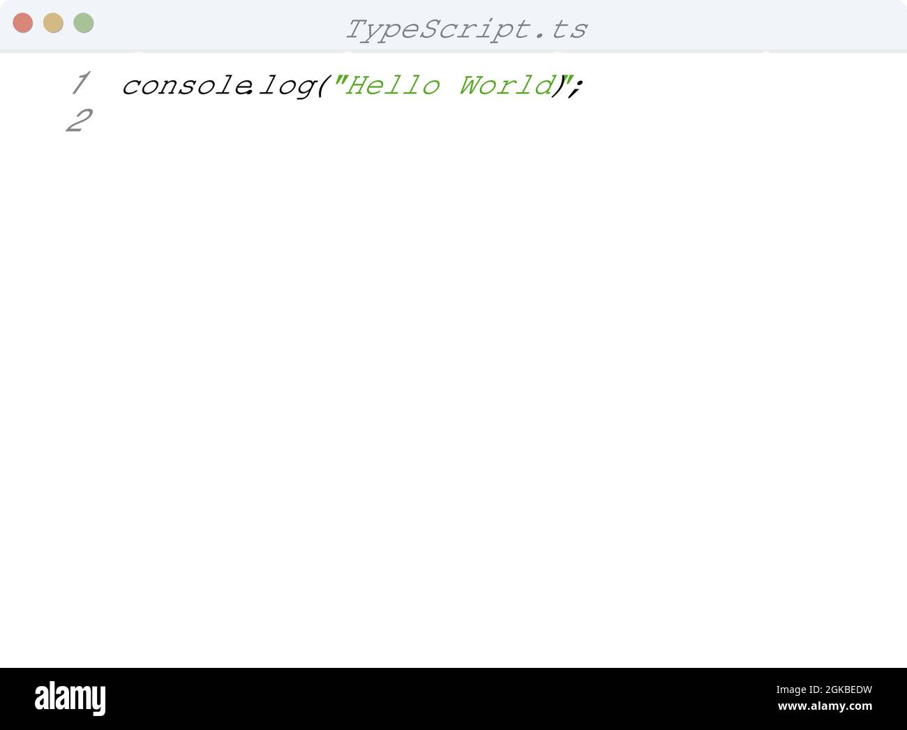 Linguaggio typescript Hello World esempio di programma nell'illustrazione della finestra dell'editor Illustrazione Vettoriale