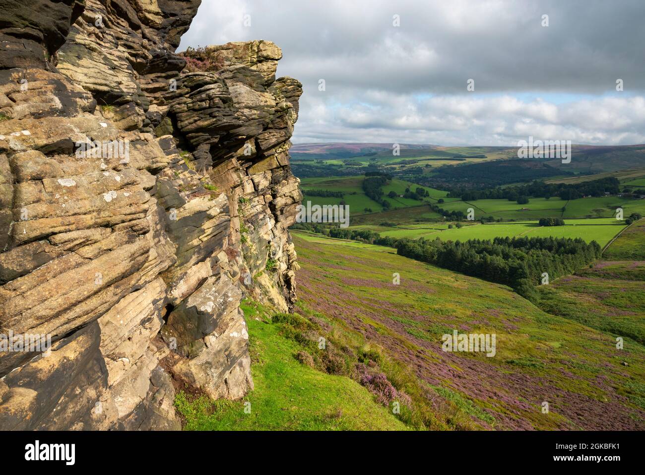 Il Worm Stones, un affioramento di pietra gritstone nelle colline sopra Glossop nell'alto picco, Derbyshire, Inghilterra. Heather che fioritura sulle brughiere qui sotto. Foto Stock