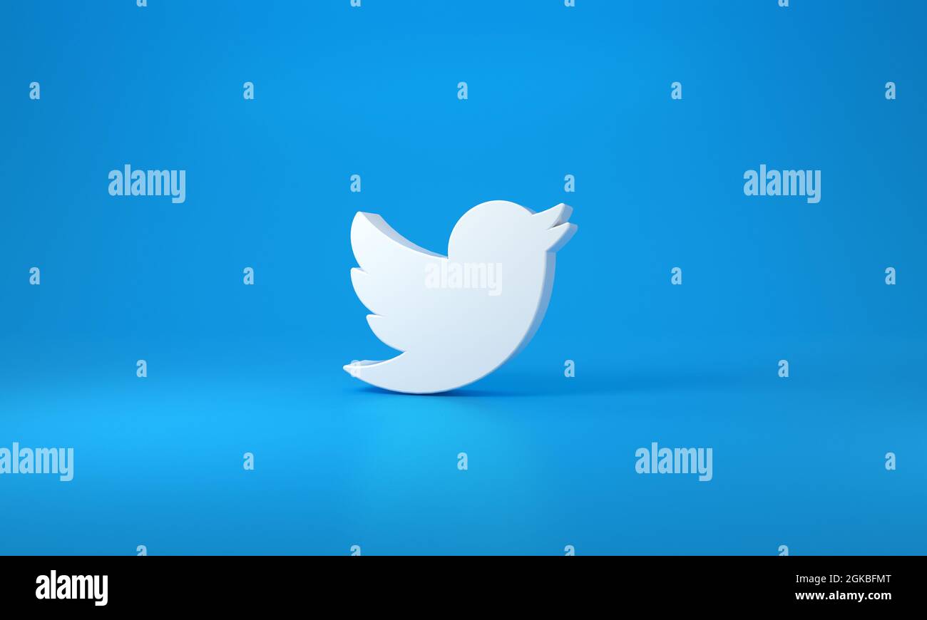 Logo Twitter con spazio per testo e grafica. Sfondo blu. Rendering 3D. Foto Stock