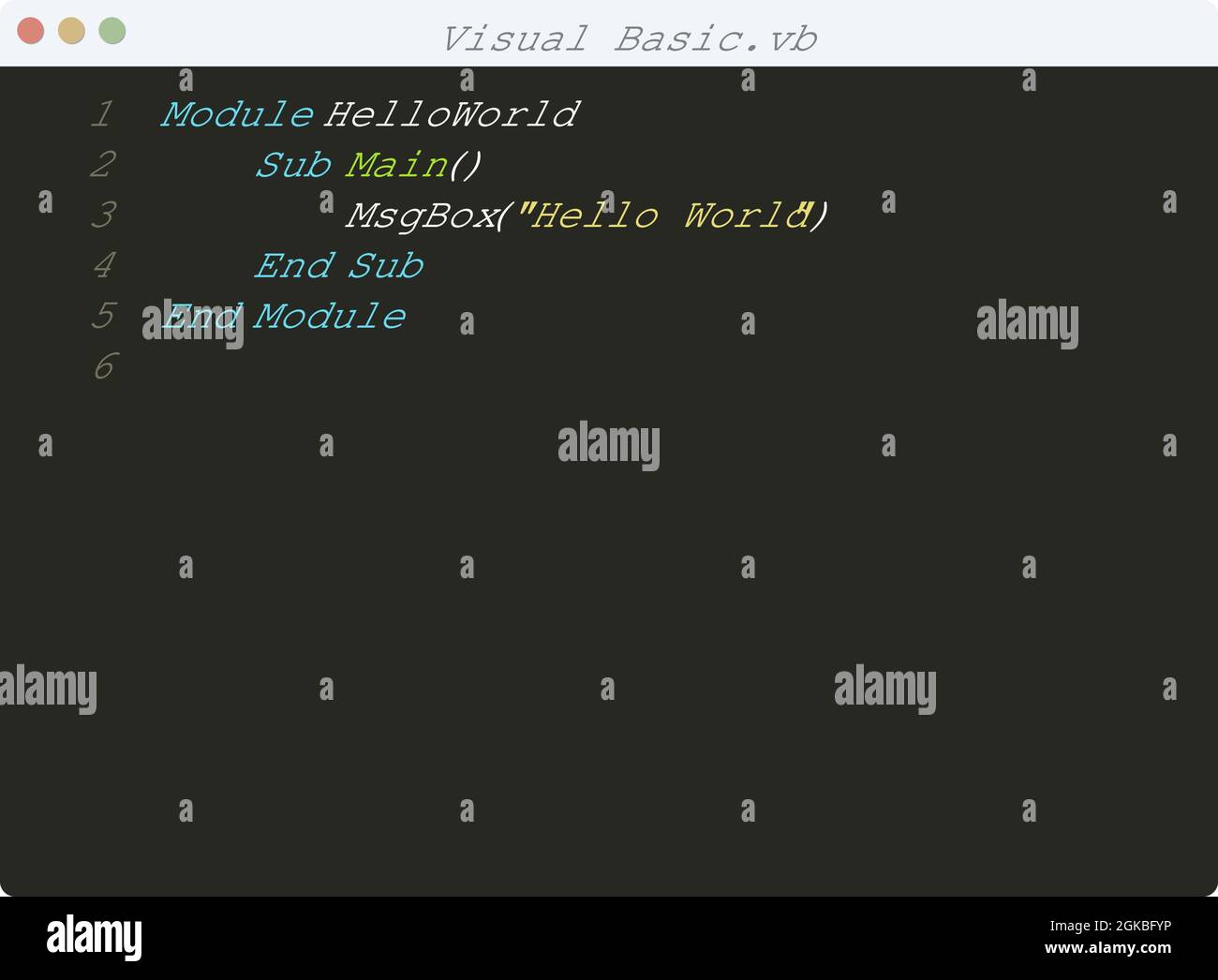 Linguaggio Visual Basic esempio di programma Hello World nell'illustrazione della finestra dell'editor Illustrazione Vettoriale