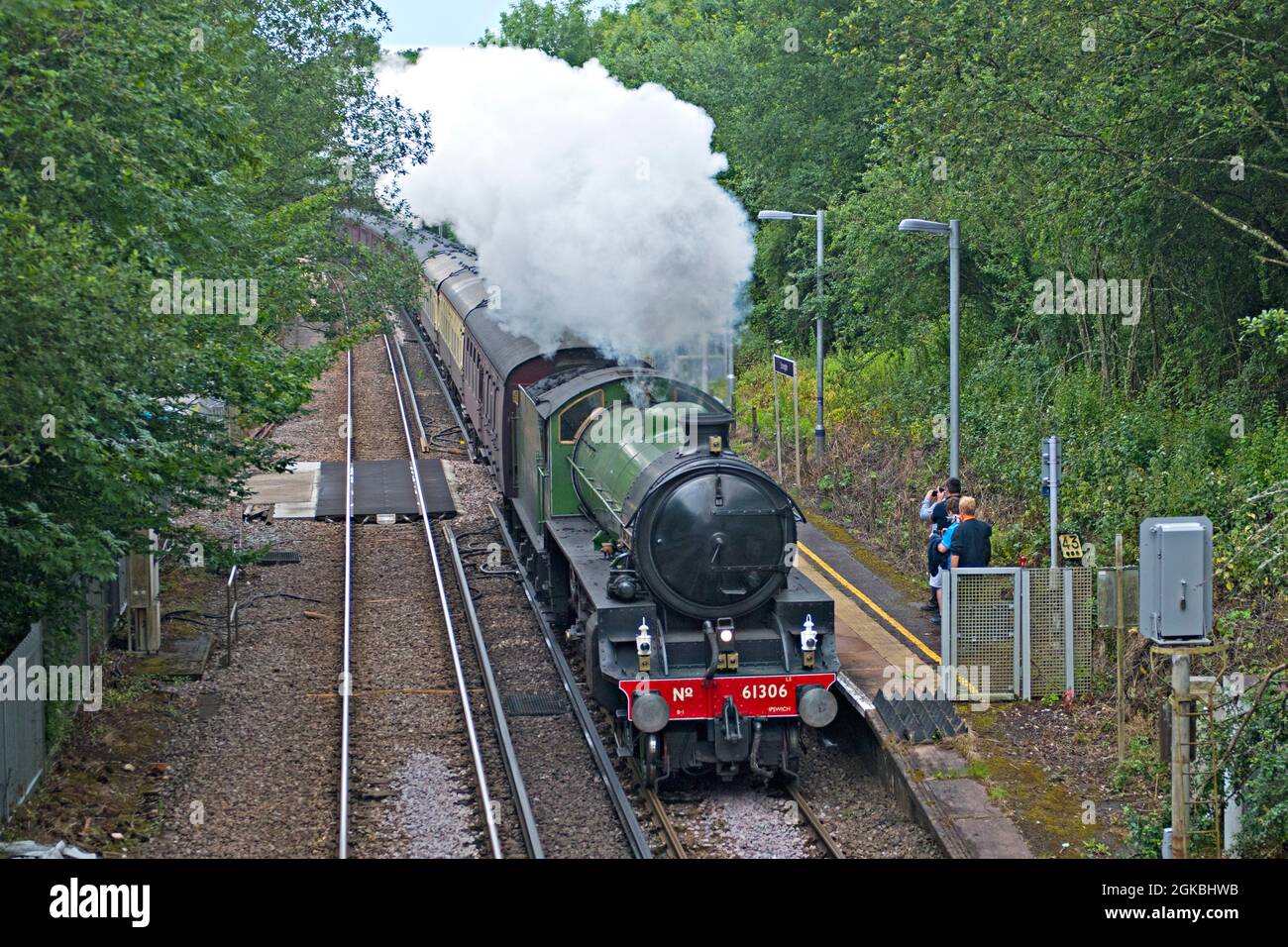 ThomsonClass B1 locomotiva a vapore no 61306 'Myflower' passando attraverso la stazione di Stonegate in East Sussex, Regno Unito, con uno speciale treno charter trainato a vapore Foto Stock