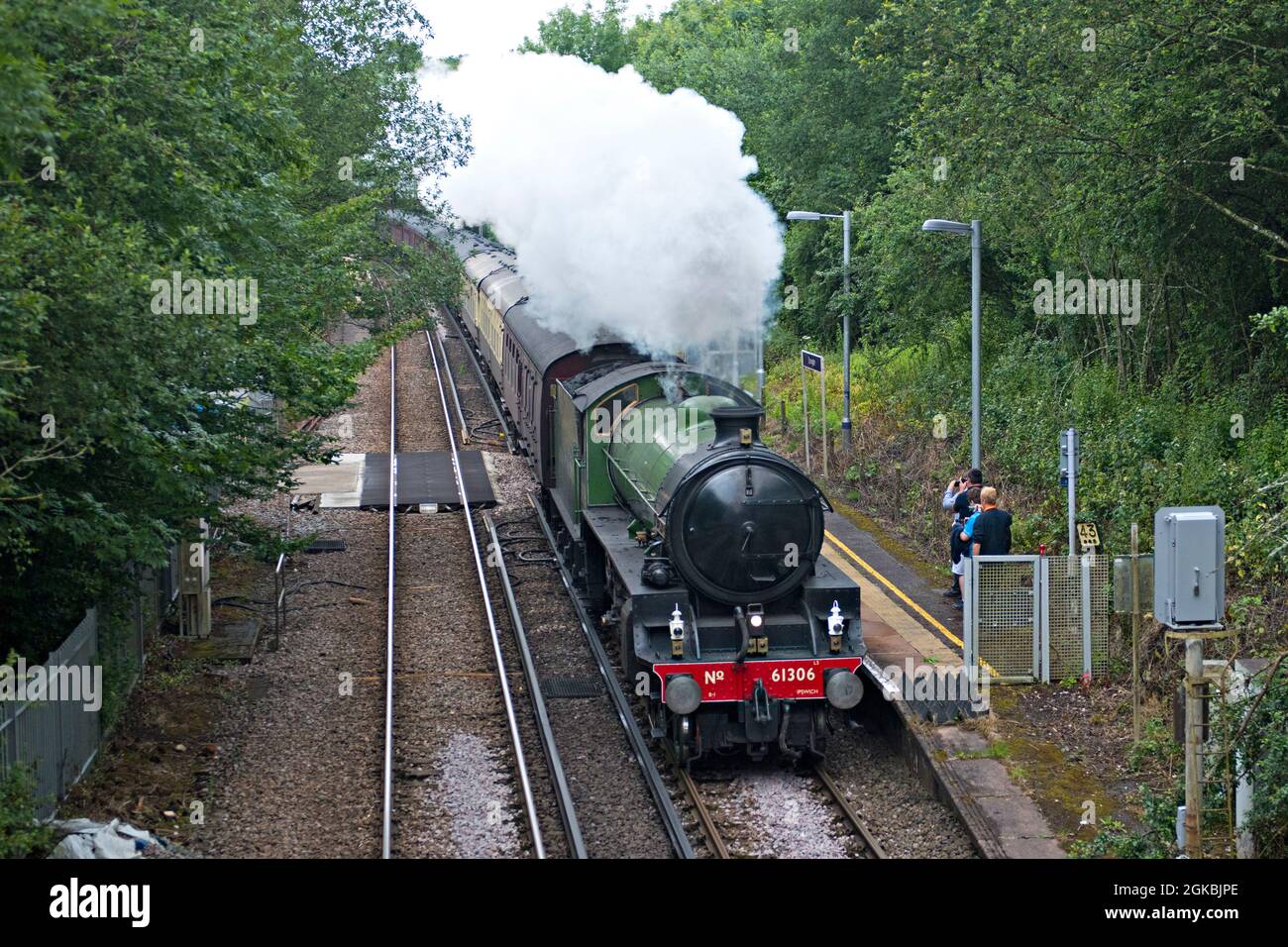 ThomsonClass B1 locomotiva a vapore no 61306 'Myflower' passando attraverso la stazione di Stonegate in East Sussex, Regno Unito, con uno speciale treno charter trainato a vapore Foto Stock