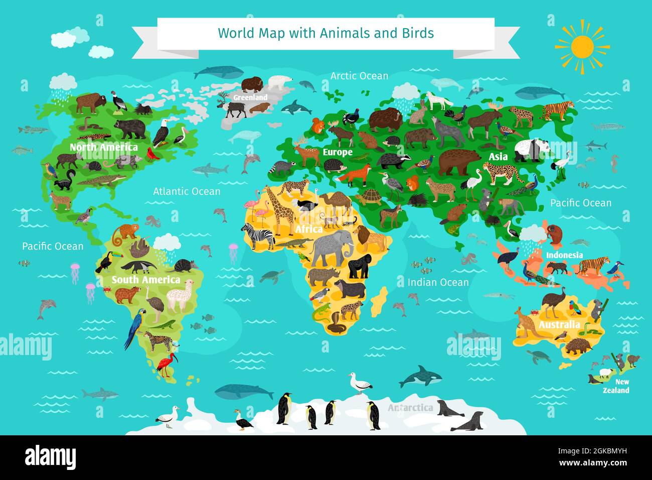 Mappa del mondo con animali e uccelli Immagine e Vettoriale - Alamy