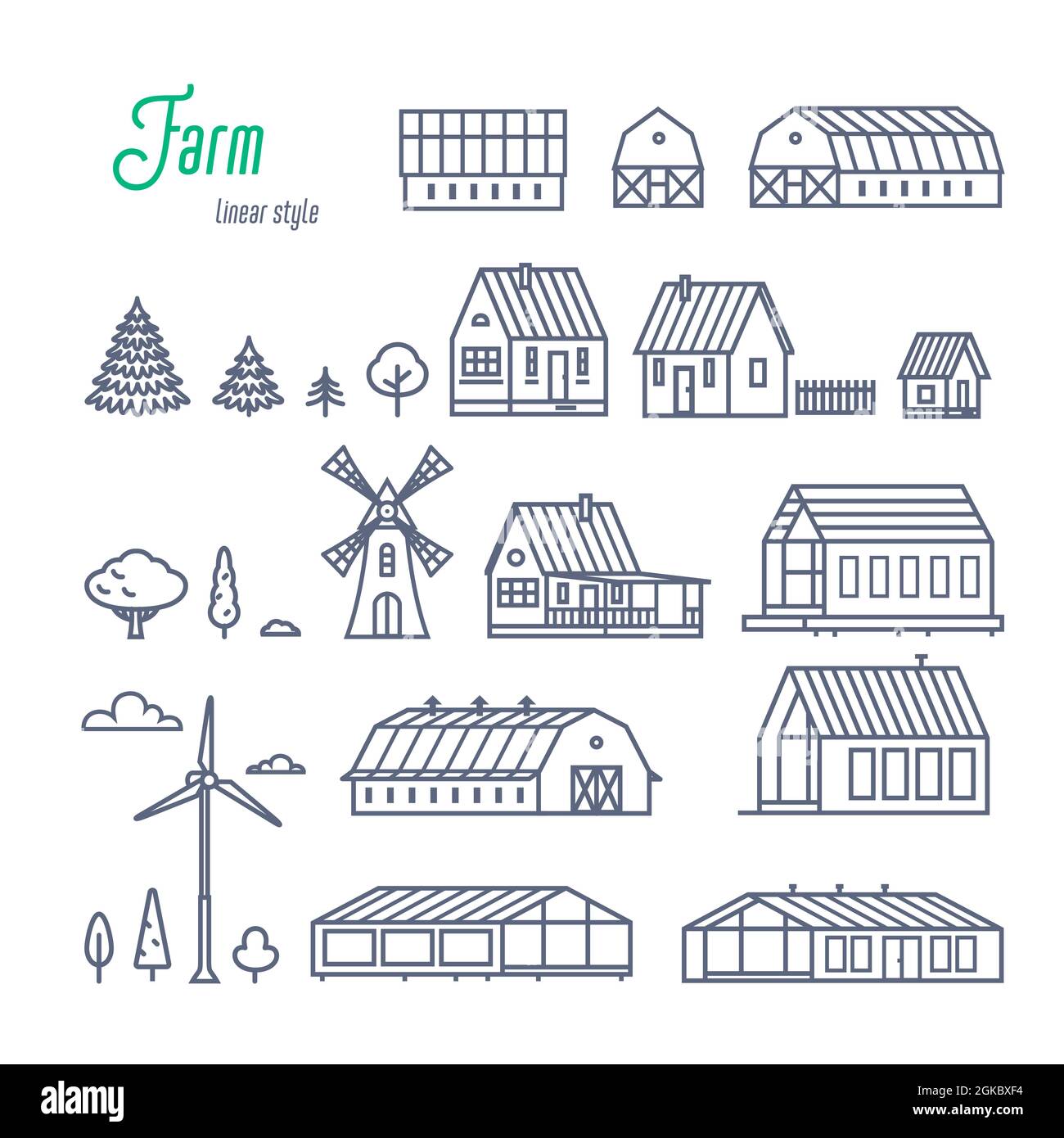 Set di icone di edifici ed elementi agricoli. Varie case rurali, serre ed edifici in legno. Illustrazione vettoriale stile contorno su sfondo bianco. Illustrazione Vettoriale