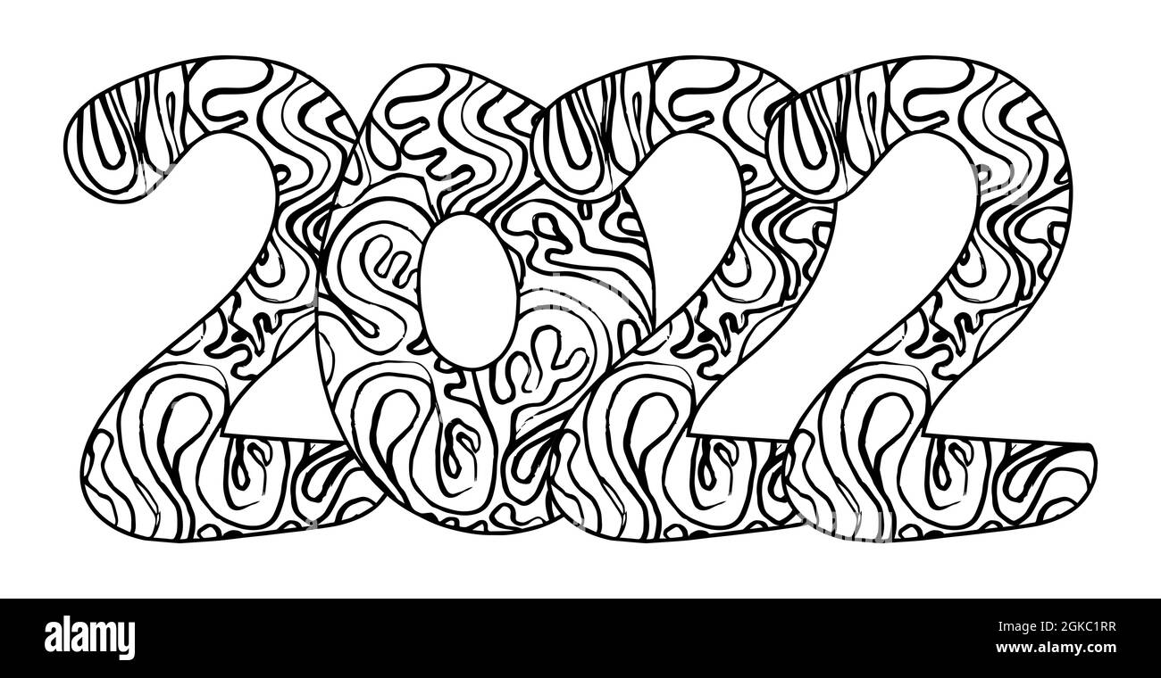 Anno nuovo 2022 Zentangle doodle data. Simbolo di vacanza ornata. Semplice illustrazione vettoriale piatta per stampe, disegni e pagine da colorare. Illustrazione Vettoriale