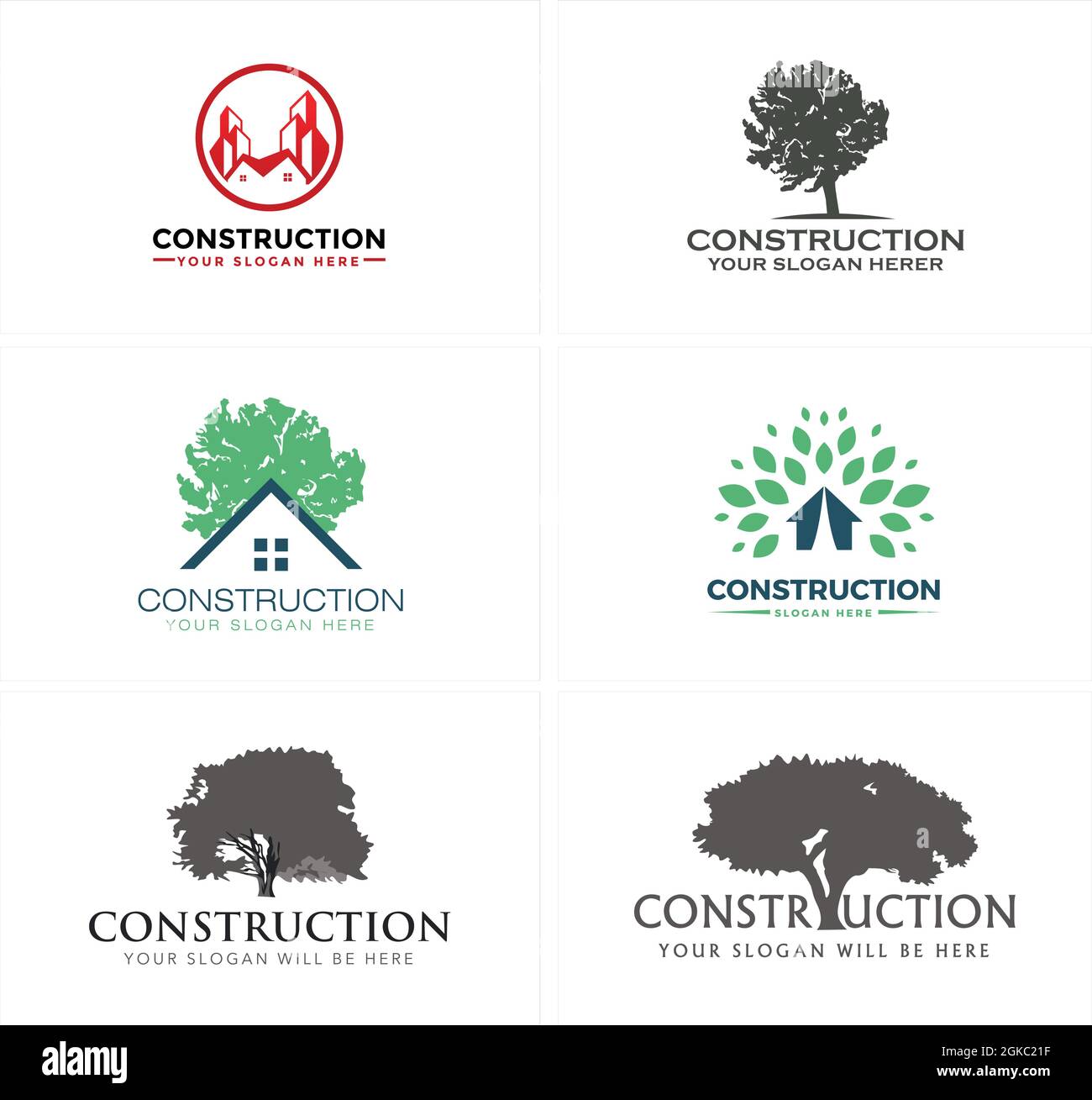 Costruzione casa edificio città albero eco friendly logo design Illustrazione Vettoriale