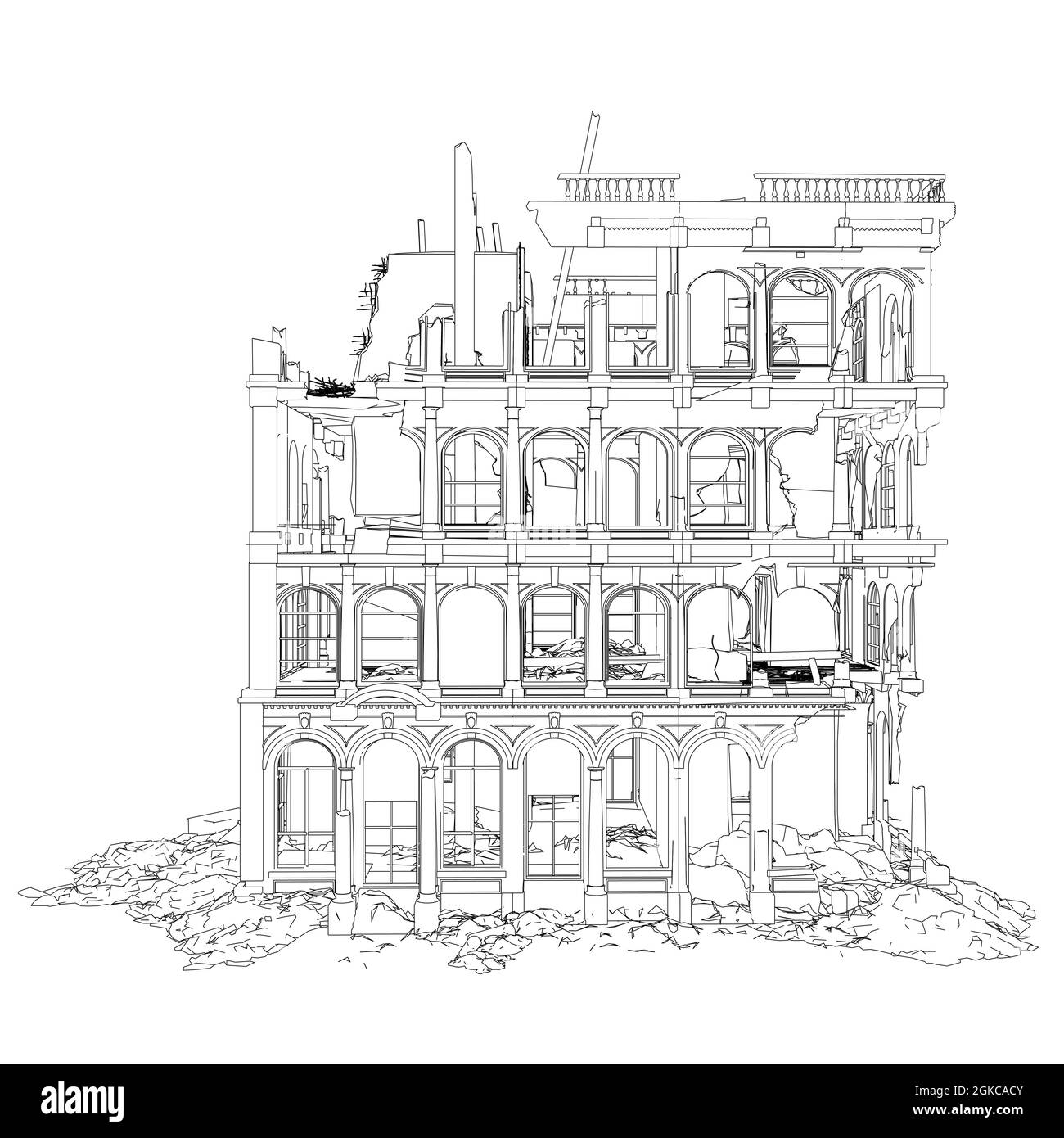 Contorno di un edificio distrutto da linee nere isolate su sfondo bianco. Vista laterale. Illustrazione vettoriale. Illustrazione Vettoriale