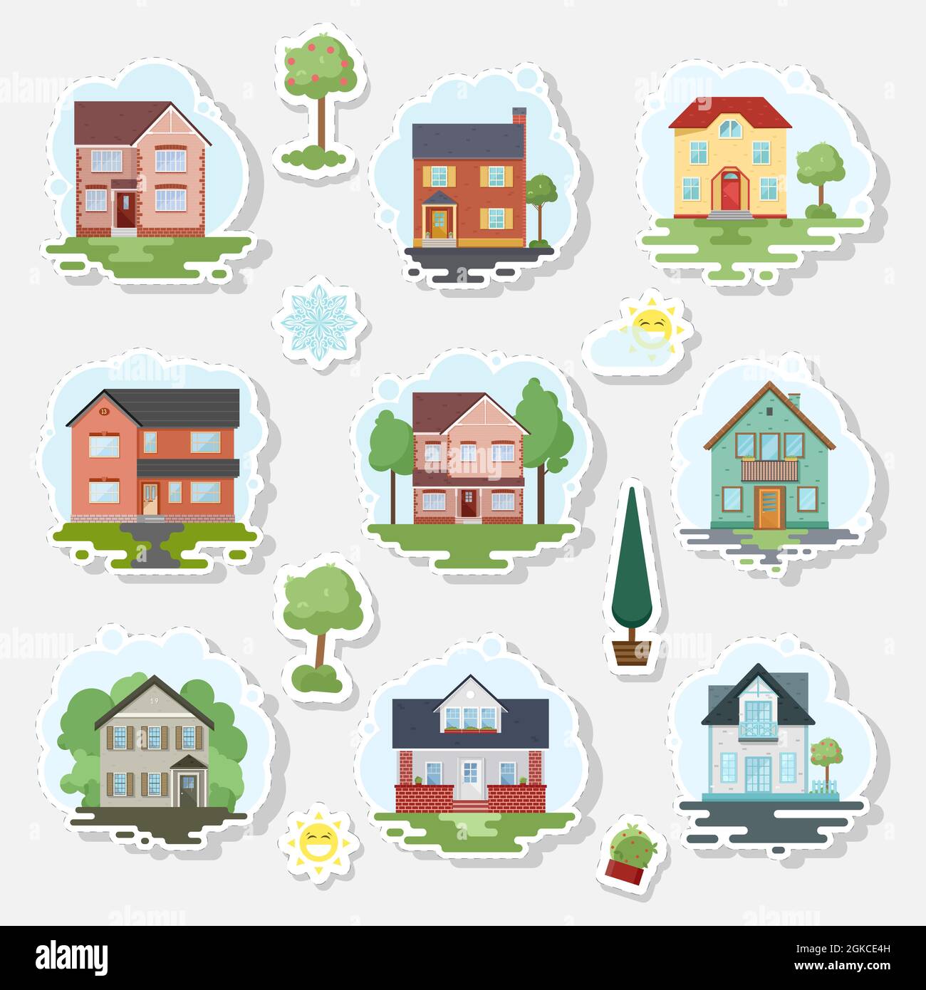 Insieme di diverse case, piante ed altri elementi. Un set di adesivi. Illustrazione vettoriale in stile piatto. Illustrazione Vettoriale