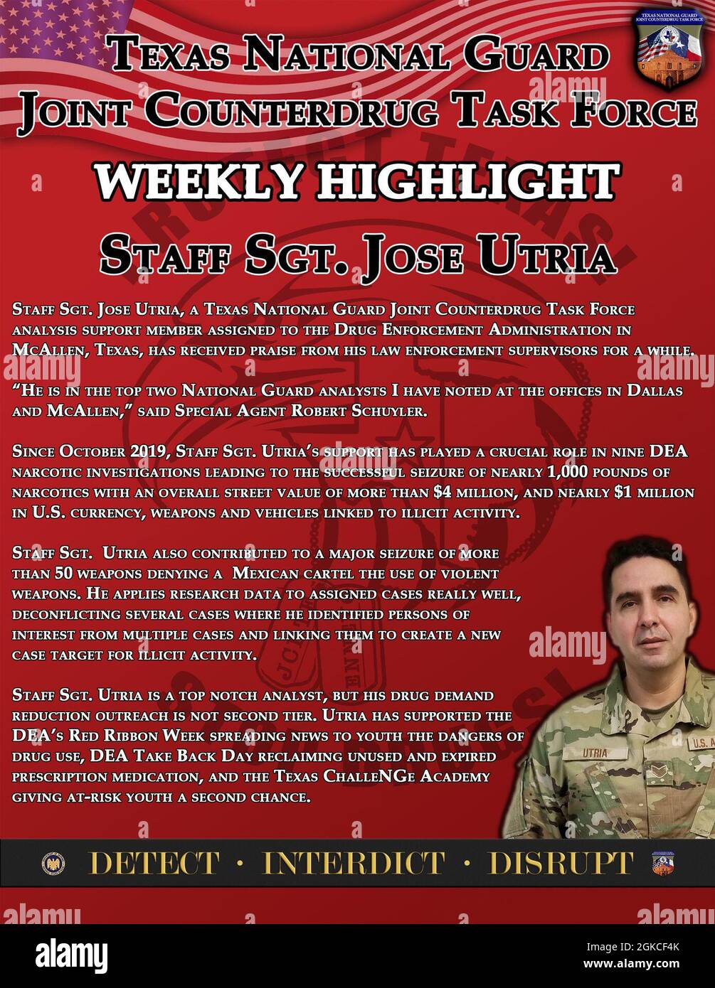La Texas National Guard Joint Counterdrug Task Force sostiene l'applicazione della legge in tutto lo stato da oltre 30 anni. Questa settimana, abbiamo evidenziato un membro della task force nella regione Est che sostiene la Drug Enforcement Administration e molto altro ancora. Foto Stock