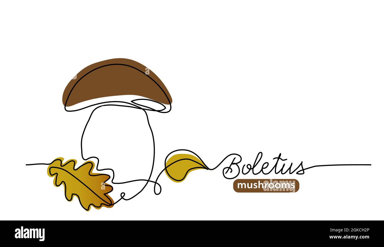 Boletus, cep, porcini mushroom selvatico disegno di una linea. Semplice illustrazione della linea vettoriale con caratteri a fungo di boleto Illustrazione Vettoriale