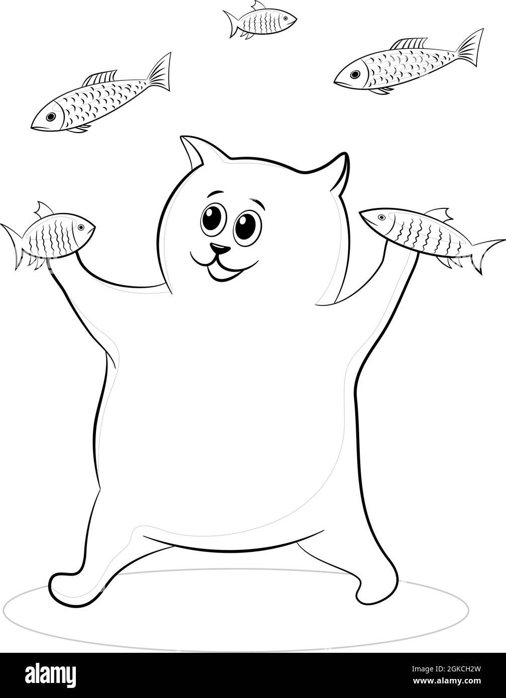 Cartoon Fun Fisherman Cat Juggles Pesce, contorno nero isolato su sfondo bianco. Vettore Illustrazione Vettoriale