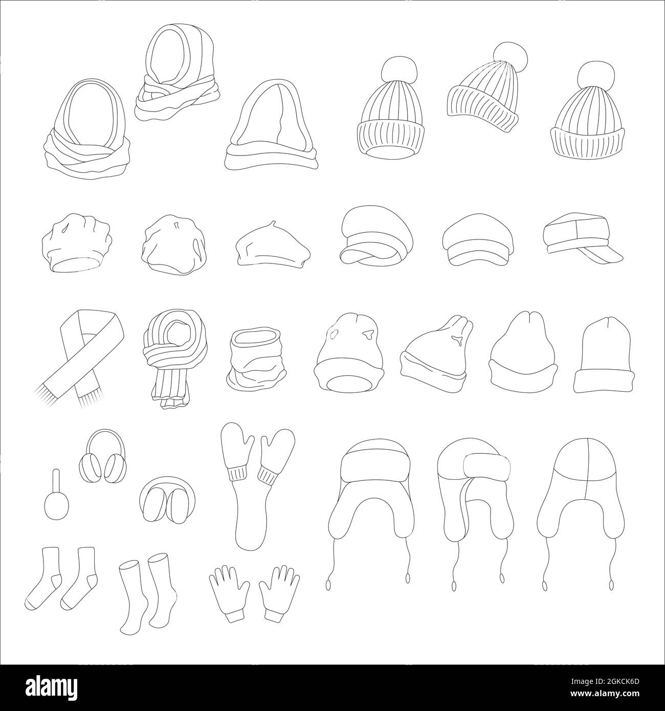 Set di abbigliamento e accessori invernali. Illustrazione del doodle vettoriale. Illustrazione Vettoriale