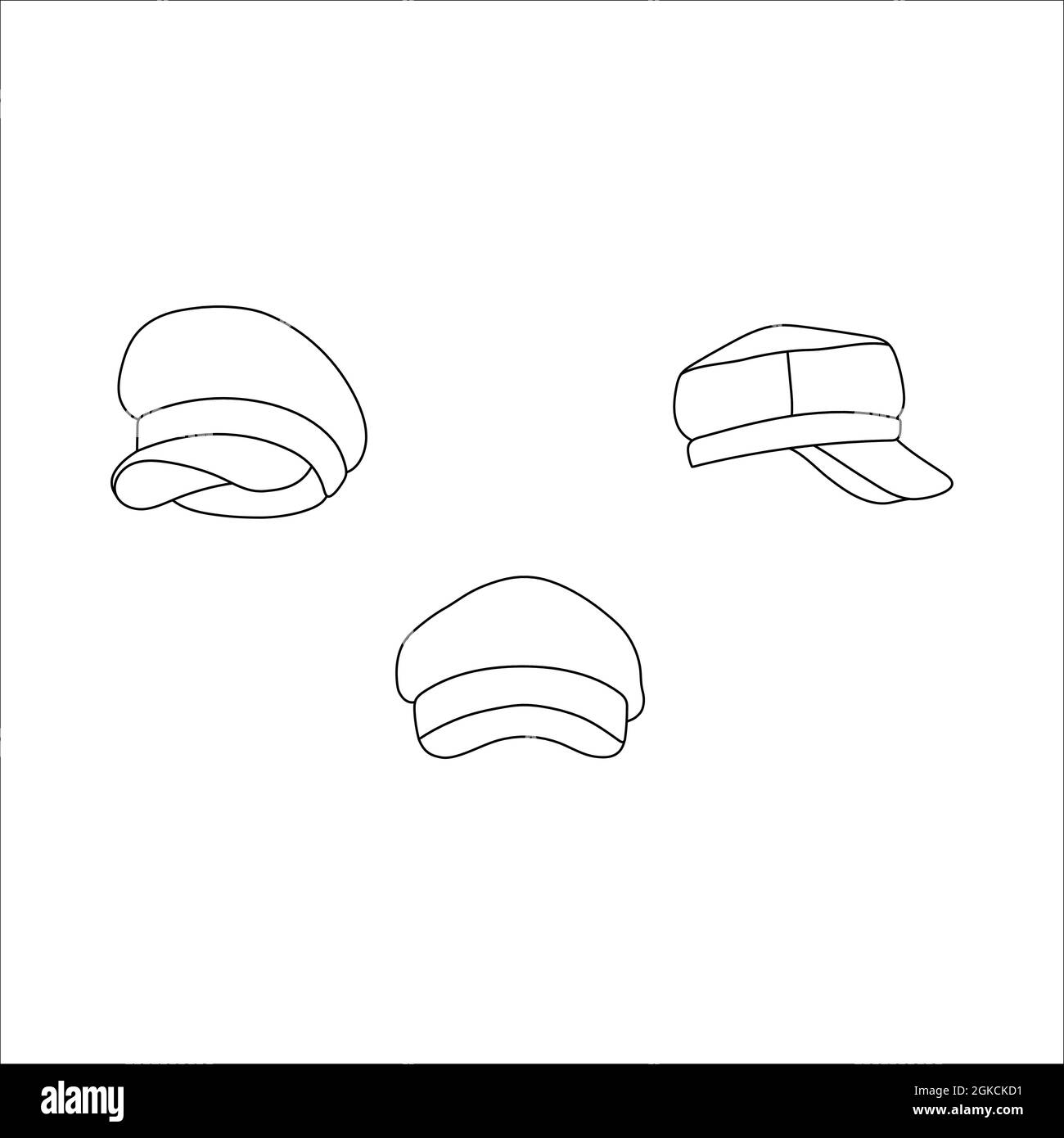 Cappellini Doodle con design. Illustrazione vettoriale invernale isolata su sfondo bianco. Illustrazione Vettoriale